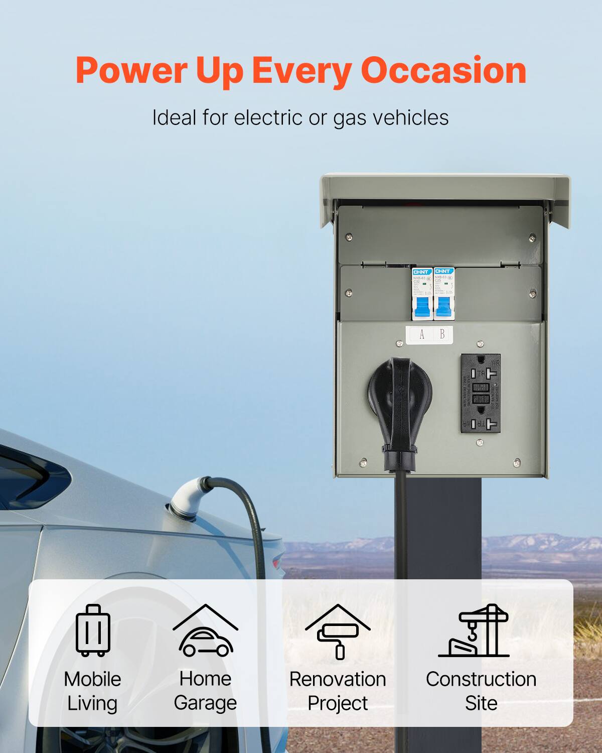 Power Up Every Occasion  
Ideal for electric or gas vehicles

CHNT  
CHNT VISAN SABILE

Mobile Living  
Home Garage  
Renovation Construction Project Site