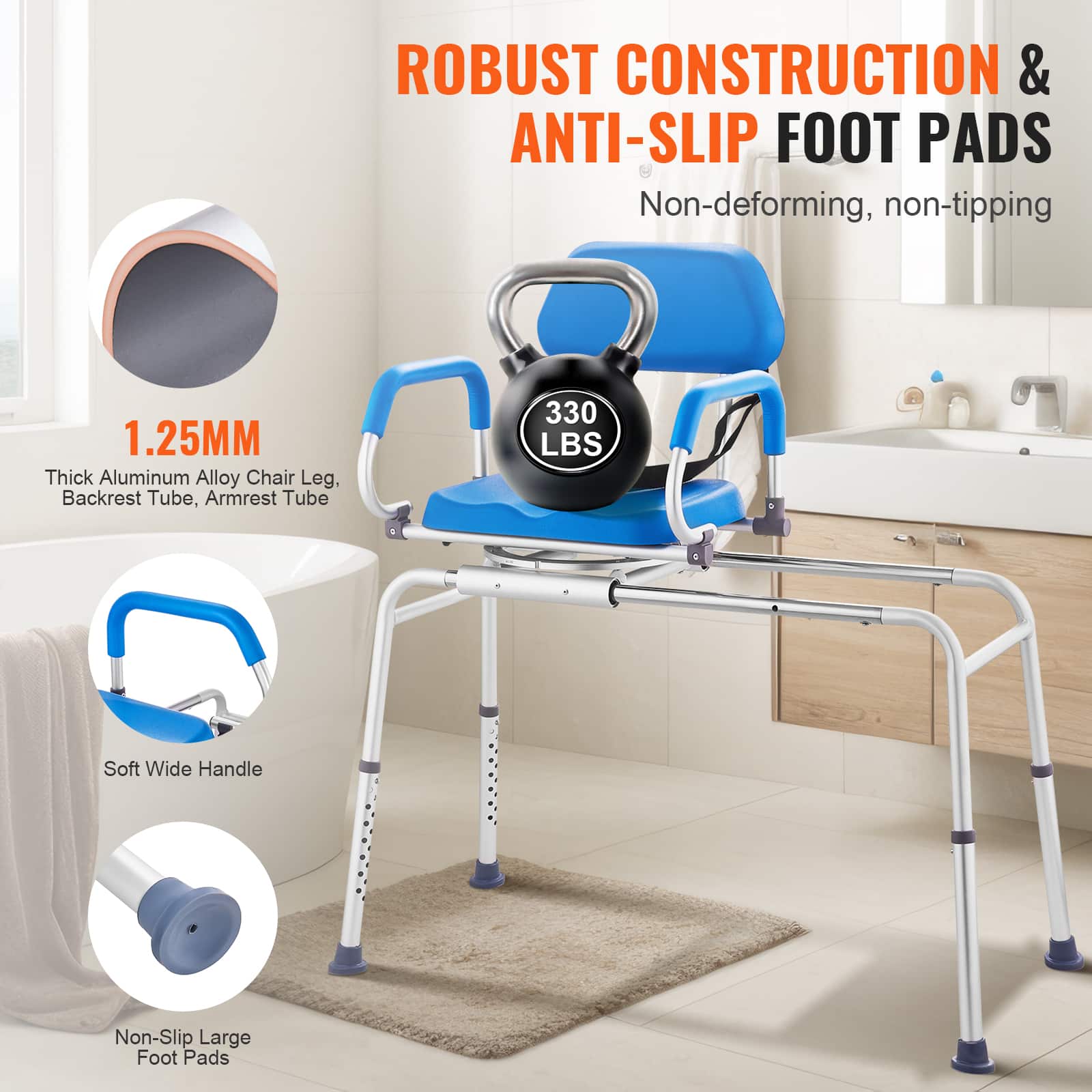 ROBUST CONSTRUCTION & ANTI-SLIP FOOT PADS
Non-deforming, non-tipping
1.25MM Thick Aluminum Alloy Chair Leg, Backrest Tube, Armrest Tube
330 LBS
Soft Wide Handle
Non-Slip Large Foot Pads