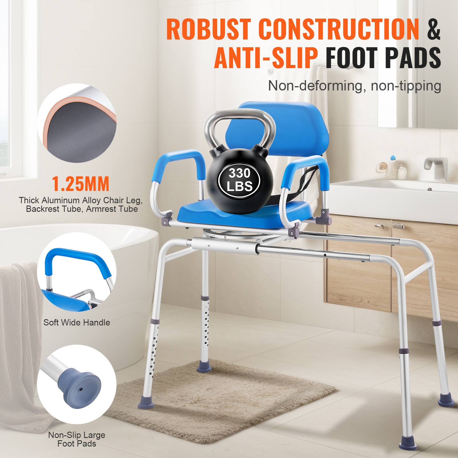 ROBUST CONSTRUCTION & ANTI-SLIP FOOT PADS
Non-deforming, non-tipping
1.25MM Thick Aluminum Alloy Chair Leg, Backrest Tube, Armrest Tube
330 LBS
Soft Wide Handle
Non-Slip Large Foot Pads