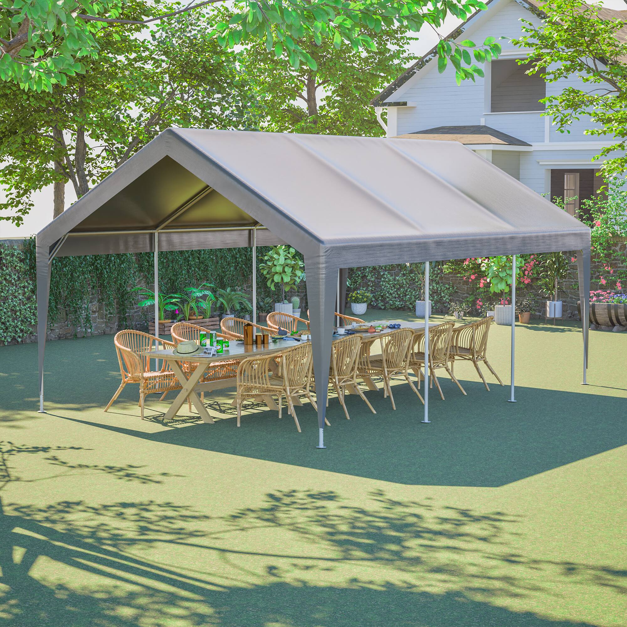 Back. Mondawe - 13x20 FT Car Canopy Garage with 2 Roll-Up Doors and Roll-up Mesh Windows - Silver.