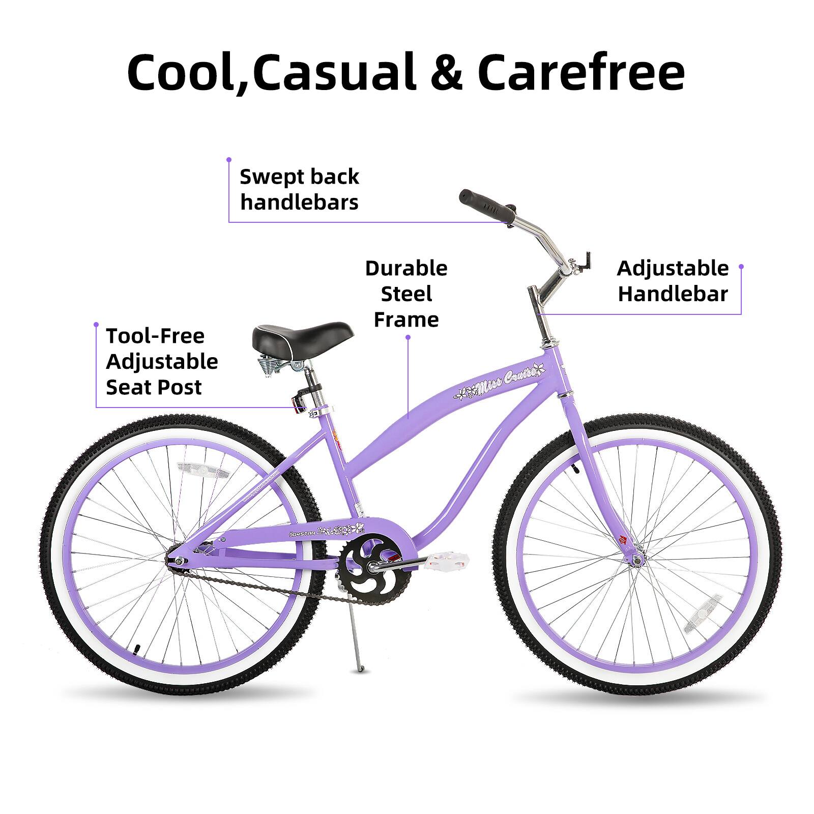 Cool, Casual & Carefree

- Swept back handlebars
- Adjustable Handlebar
- Tool-Free Adjustable Seat Post
- Durable Steel Frame