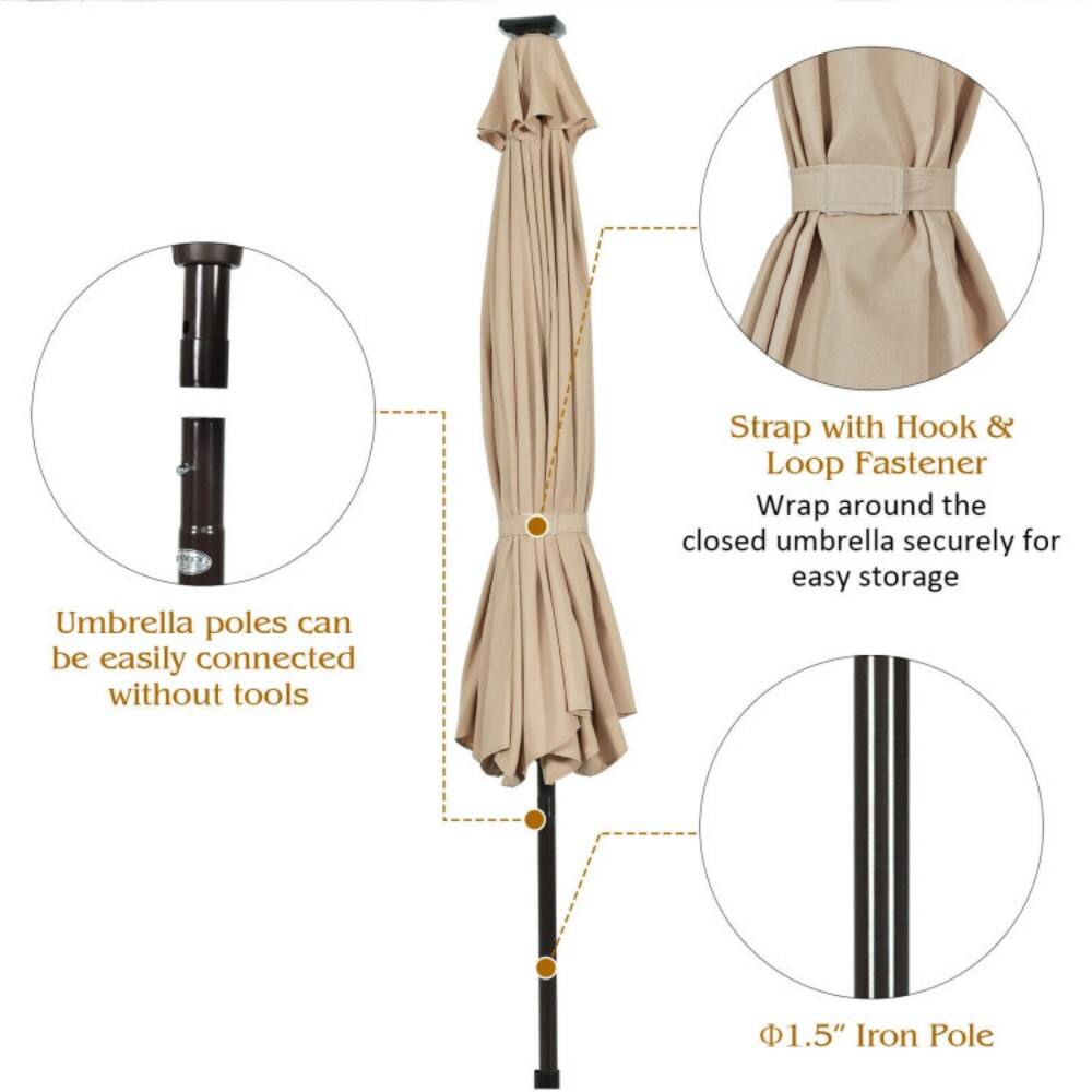 Umbrella poles can be easily connected without tools. Strap with Hook & Loop Fastener: Wrap around the closed umbrella securely for easy storage. 1.5" Iron Pole.