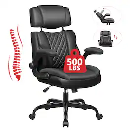 Brick Attic - Ergonomic Leather Executive Office Chair, Swivel Computer Rocking Desk Chair with Flip-Up Armrests Adjustable Headrest - Black