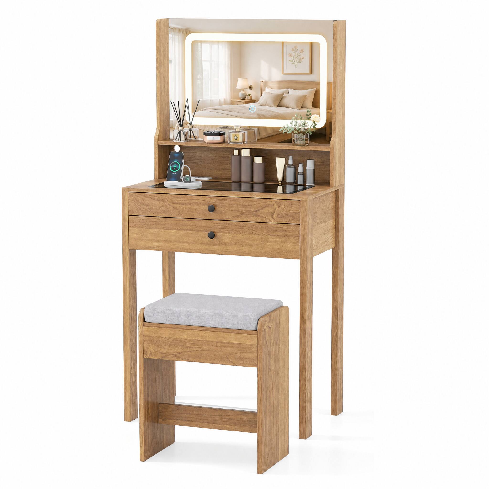 Alt View 5. WELLFOR - Makeup Vanity Desk with 3‑Color Lighted Mirror, Built‑in Charging Station,Glass Tabletop and Padded Stool - Natural.
