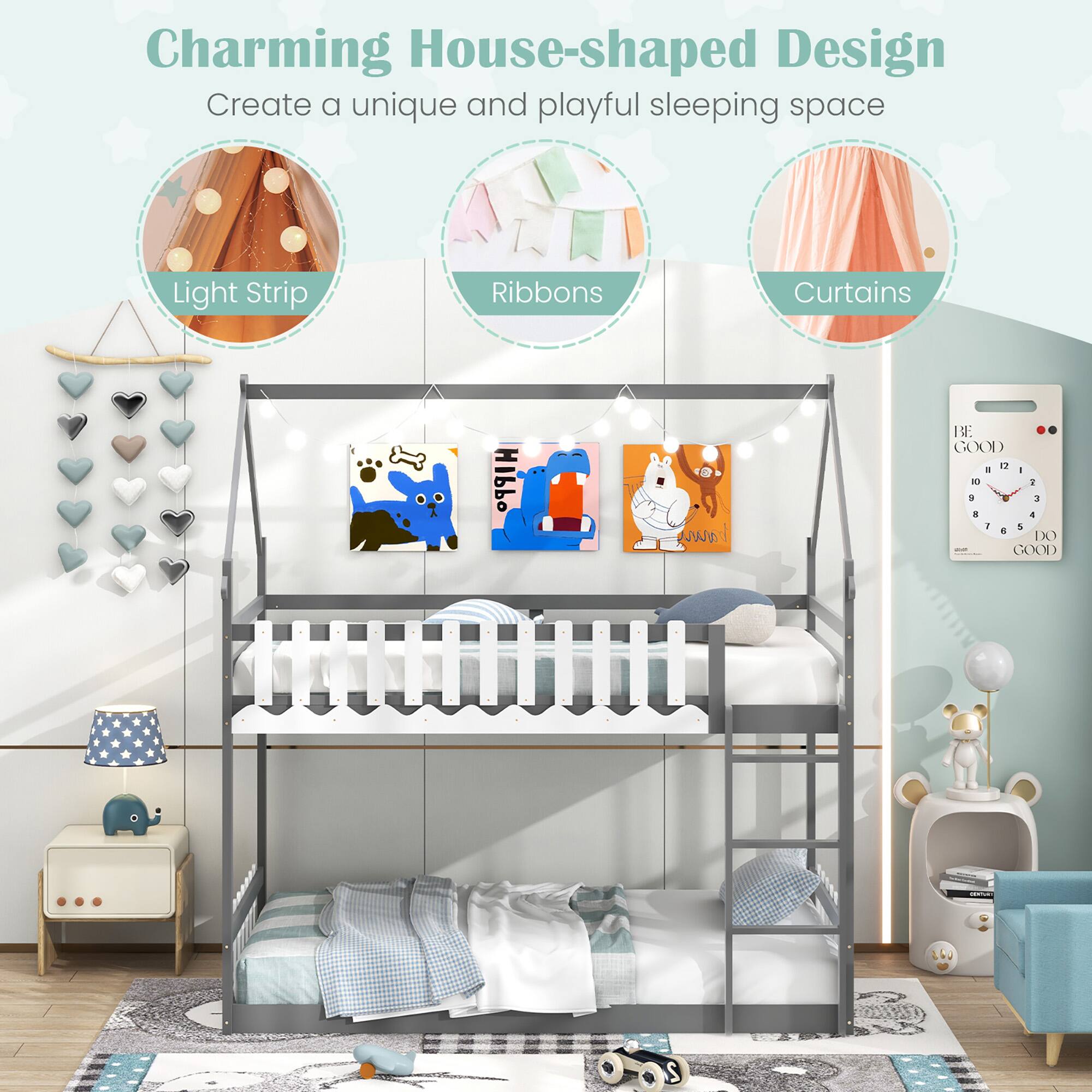 Charming House-shaped Design, Create a unique and playful sleeping space, Light Strip, Ribbons, Curtains, I I HIbbo baun 1: GOOD 2 - 2 a 3 . . I 5 + DO GOOD