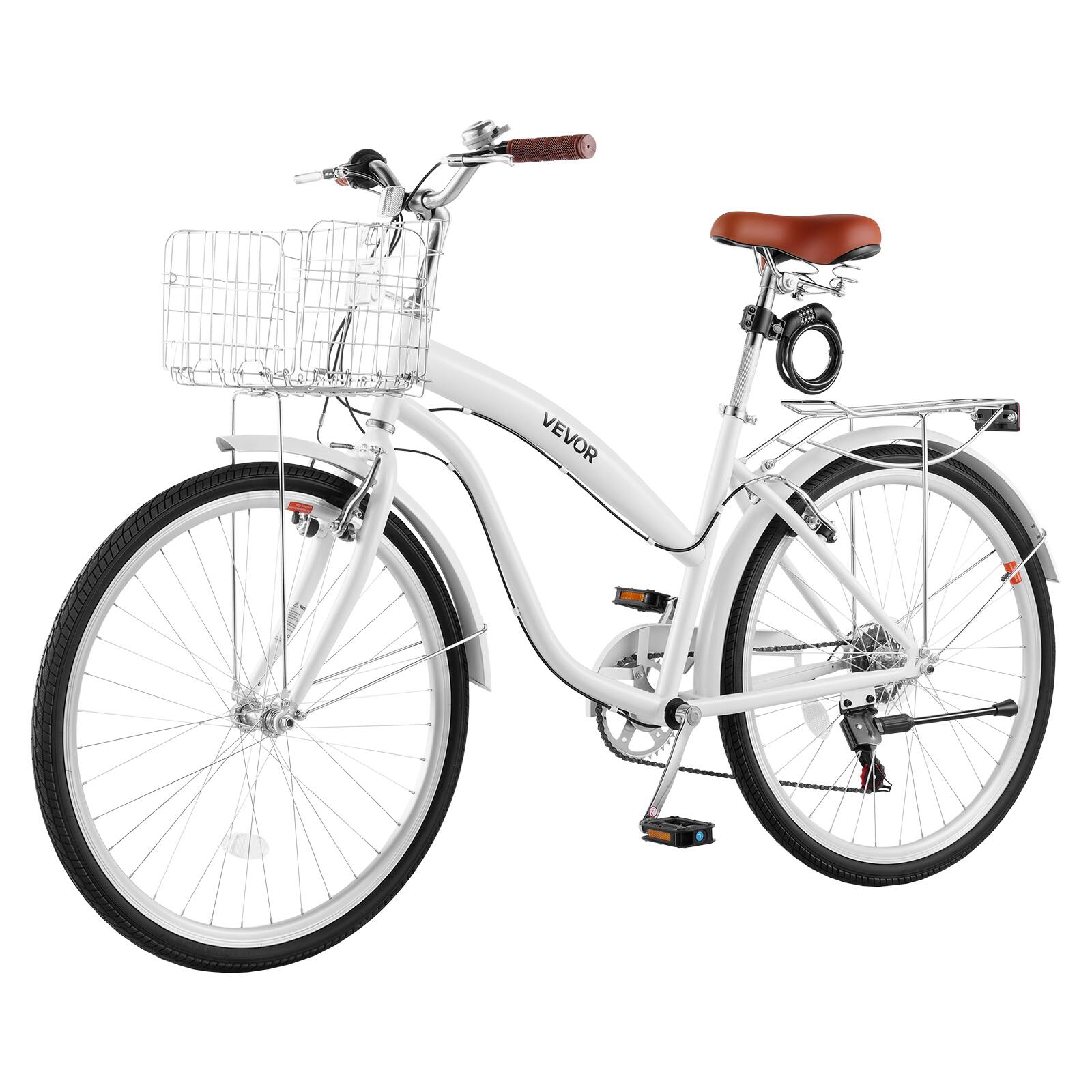 Alt View 5. VEVOR - Women Bike, 26 in Beach Cruiser Bike, 7-Speed Adult City Bicycle with Carbon Steel Frame, 330 lbs Capacity, Basket - White.