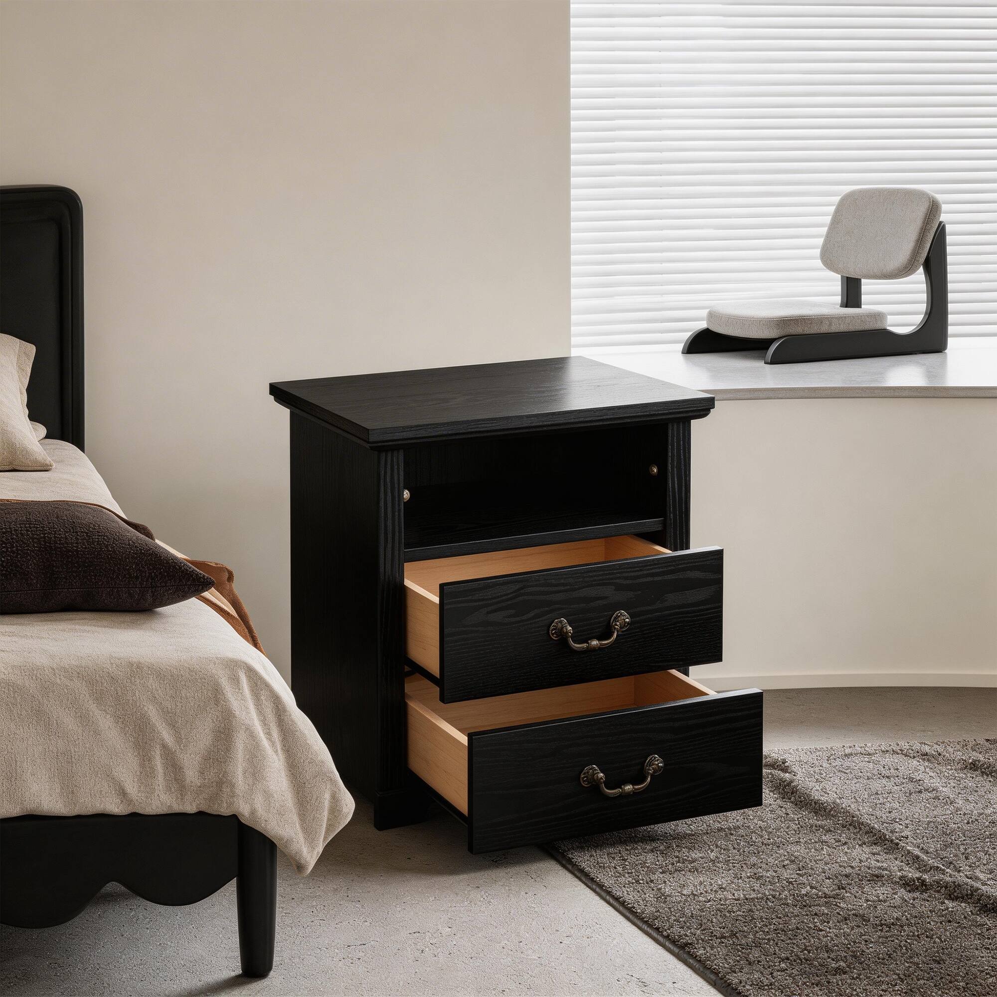 Left. Vaczon - Rustic Black Nightstand Bedside Table with Open Shelf and 2 Drawers - Black.