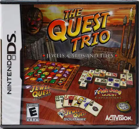 Sure, here is the corrected and grouped text from the image:
---
**Nintendo DS**
**The Quest Trio**
- Jewels, Cards and Tiles
**Jewel Quest Expeditions**
**Mah Jong Quest Expeditions**
**Jewel Quest Solitaire**
**Activision**
**E** (Everyone)
Content Rated by ESRB
**NTR-CQEE-USA**
---
This text is organized to reflect the layout and content of the image accurately. - E (Everyone)