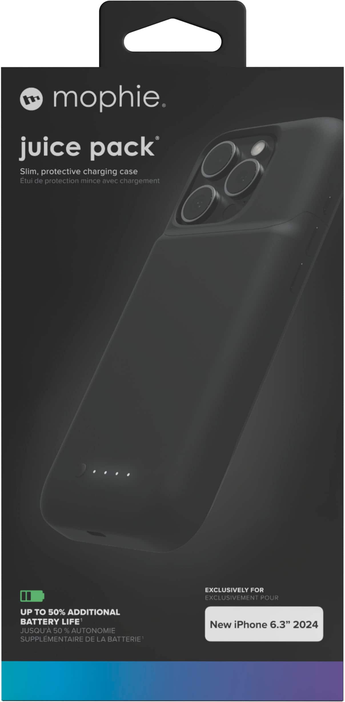 I mophie. Juice Pack Slim, protective charging case. Etui de protection mince avec chargement. Exclusivement pour iPhone 6.3" 2024. Up to 50% additional battery life.
