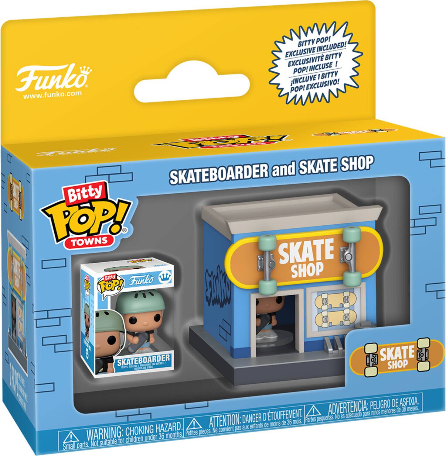 Funko www.funko.com

BITTY POP! EXCLUSIVE INCLUDED!  
EXCLUSIVITÉ BITTY INCLUSE  
¡INCLUYE UN BITTY POP! EXCLUSIVO!  

SKATEBOARDER and SKATE SHOP  

Bitty POP! TOWNS  

WARNING: CHOKING HAZARD  
ATTENTION: DANGER D'ÉTOUFFEMENT  
ADVERTENCIA: PELIGRO DE ASFIXIA  
Not suitable for children under 36 months.  
Ne convient pas aux enfants de moins de 36 mois.  
Petites pièces.