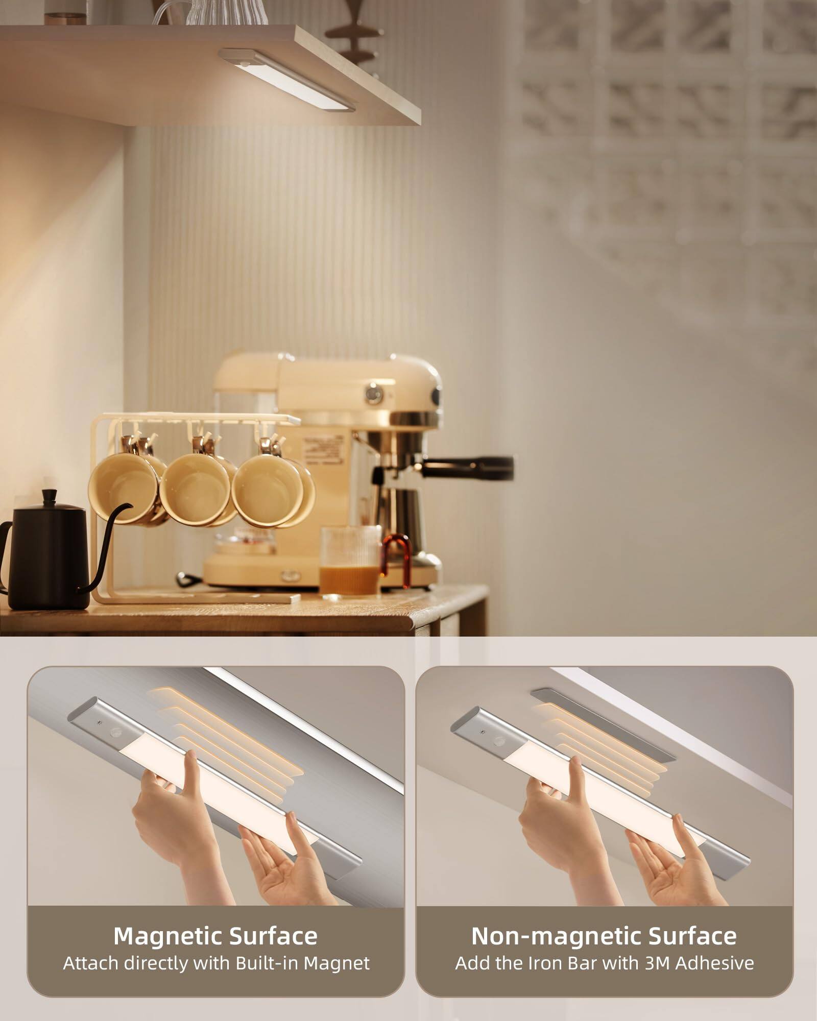 Magnetic Surface  
Attach directly with Built-in Magnet  

Non-magnetic Surface  
Add the Iron Bar with 3M Adhesive