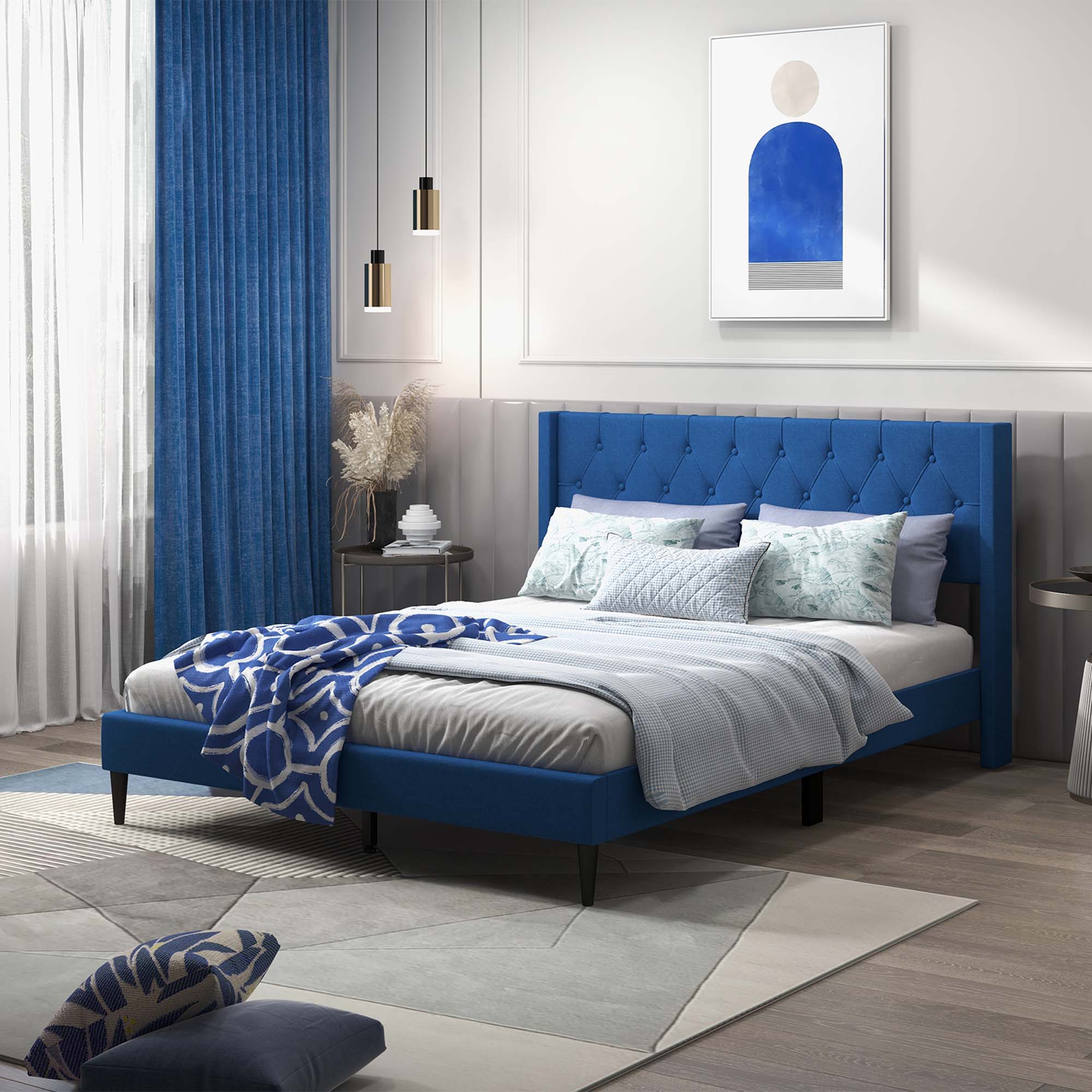 Alt View 2. Costway - Costway Queen Size Upholstered Platform Bed with Button Tufted Wingback Headboard - Blue.