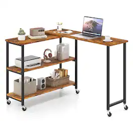 Costway - 360° Rotation Mobile Laptop Table with 2-Tier Storage Shelves & 6 Universal Wheels - Brown