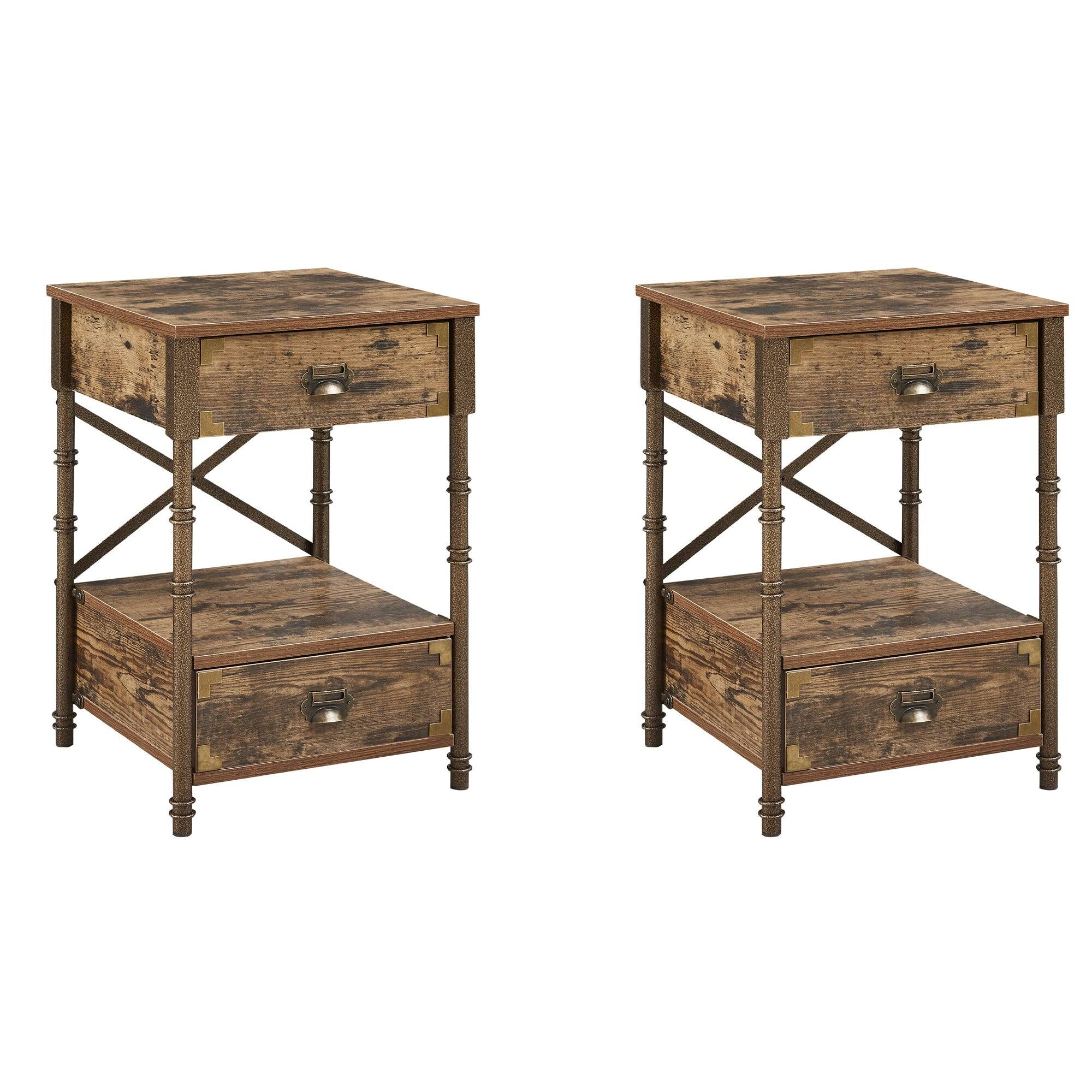 Front. Vecelo - Set of 2 Nightstand with Drawers - Metal Frame Bedside Tables with Storage Shelf, Vintage Accents, 23.7 Inch End Tables - Borwn.