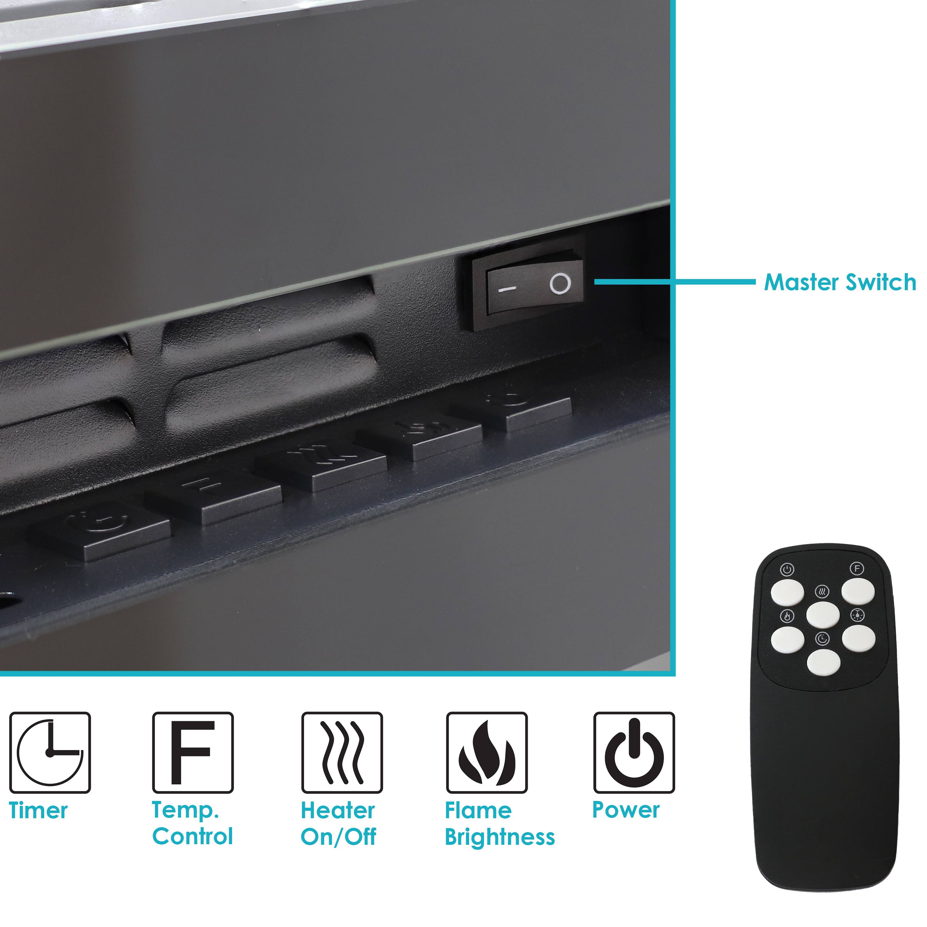 - Master Switch
- Timer
- Temp. Control
- Heater On/Off
- Flame Brightness
- Power