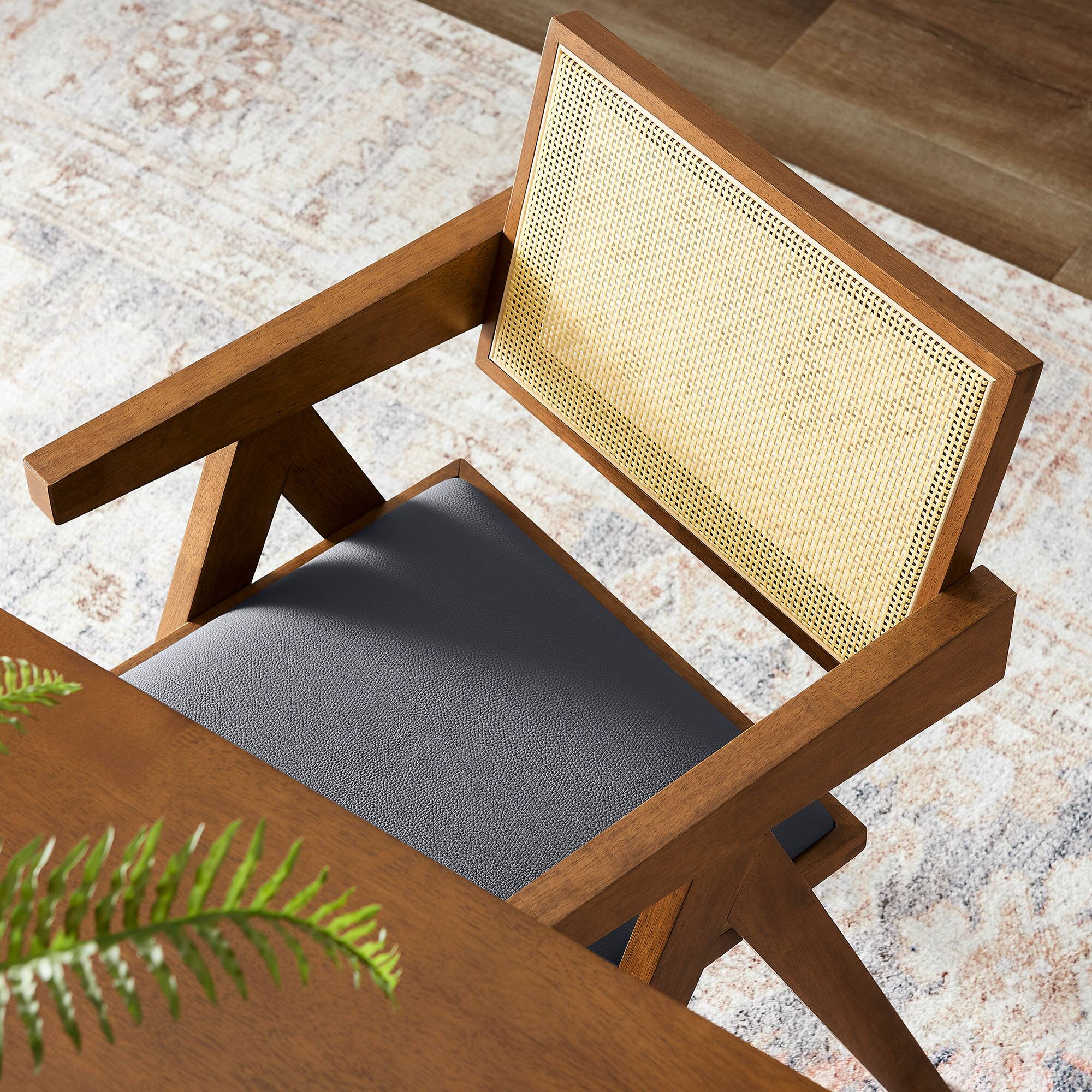 Alt View 1. Modway - Thera Vegan Leather Cane Dining Armchairs Set of 2 by Modway - Walnut Black.