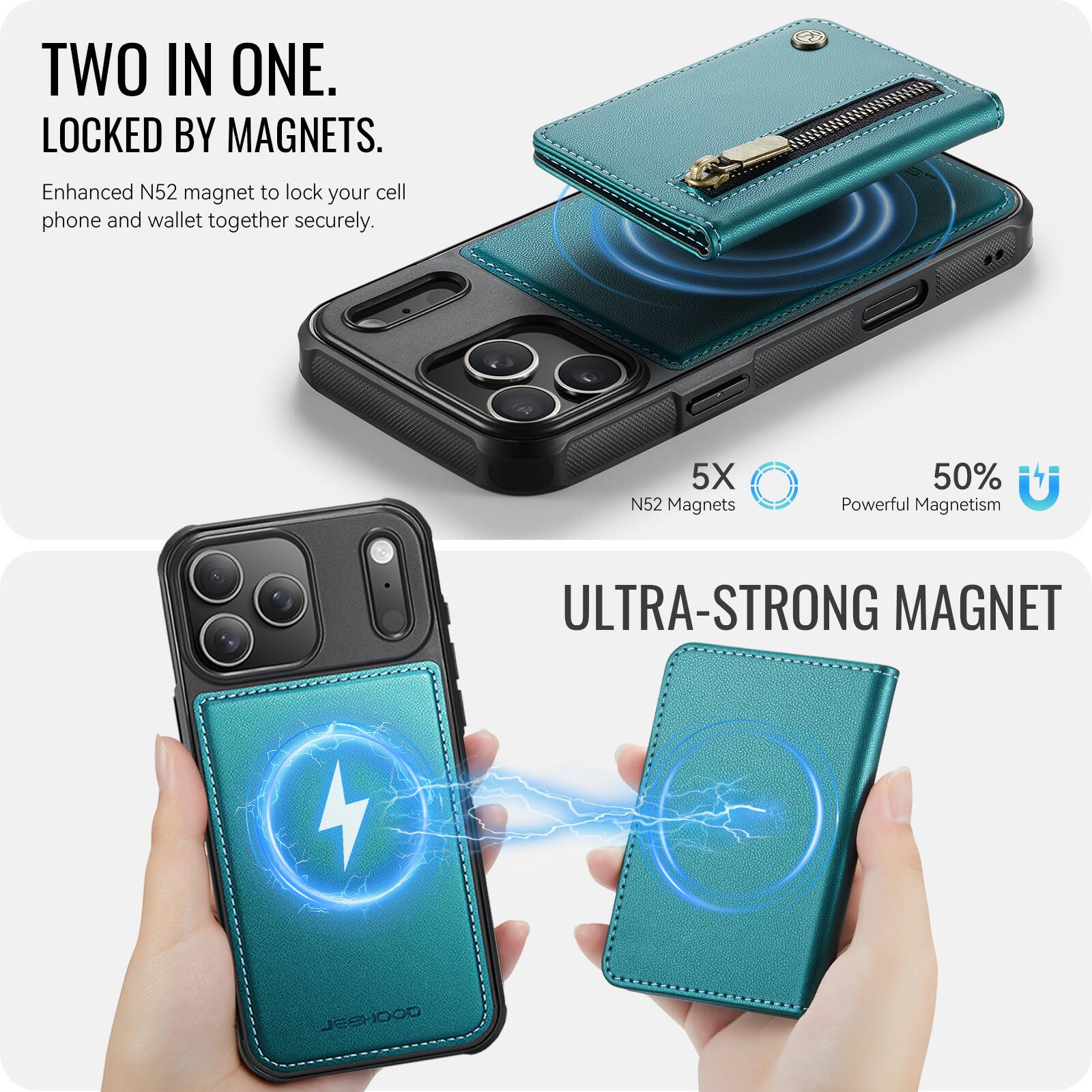 TWO IN ONE.  
LOCKED BY MAGNETS.  
Enhanced N52 magnet to lock your cell phone and wallet together securely.  

5X N52 Magnets  
50% Powerful Magnetism  

ULTRA-STRONG MAGNET