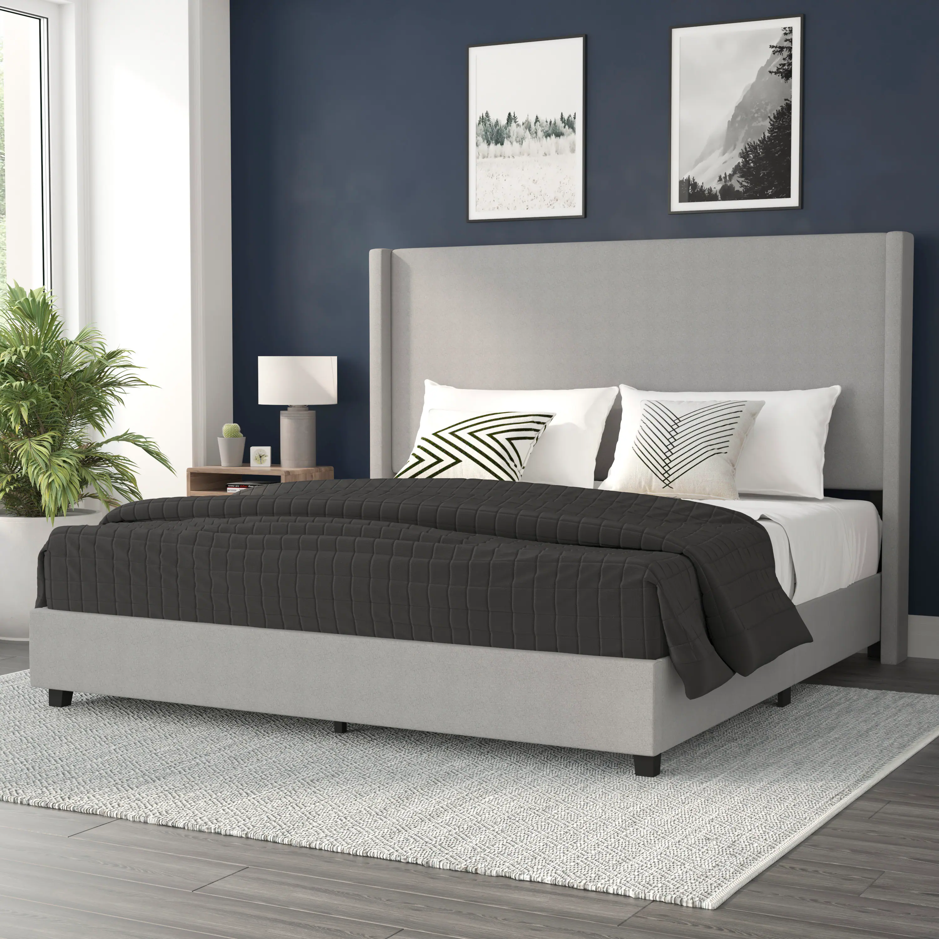 Angle. Flash Furniture - Quinn King Upholstered Platform Bed with Channel Stitched Wingback Headboard, Mattress Foundation with Slatted Supports, - Gray.