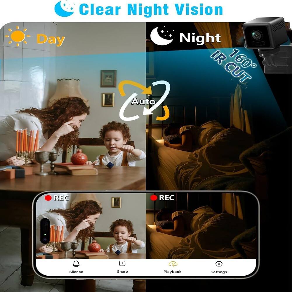 Clear Night Vision  
Day  
Night  
IR CUT 160°  
Auto  
REC  
REC  
Silence  
Share  
Playback  
Settings