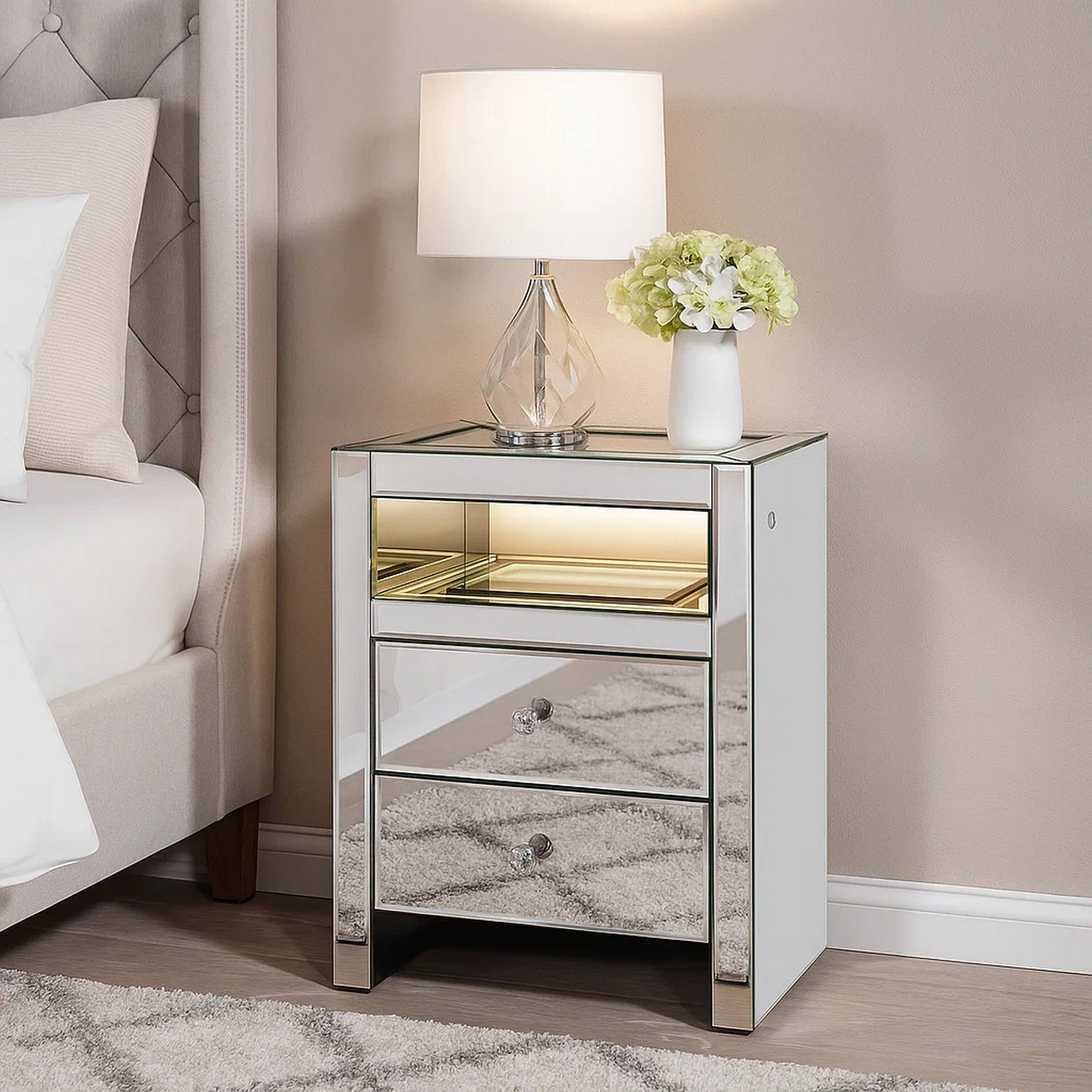 Alt View 6. Manhattan Lane - 2 Drawer Beveled Mirrored Accent Table with Glass Top and LED - Silver.