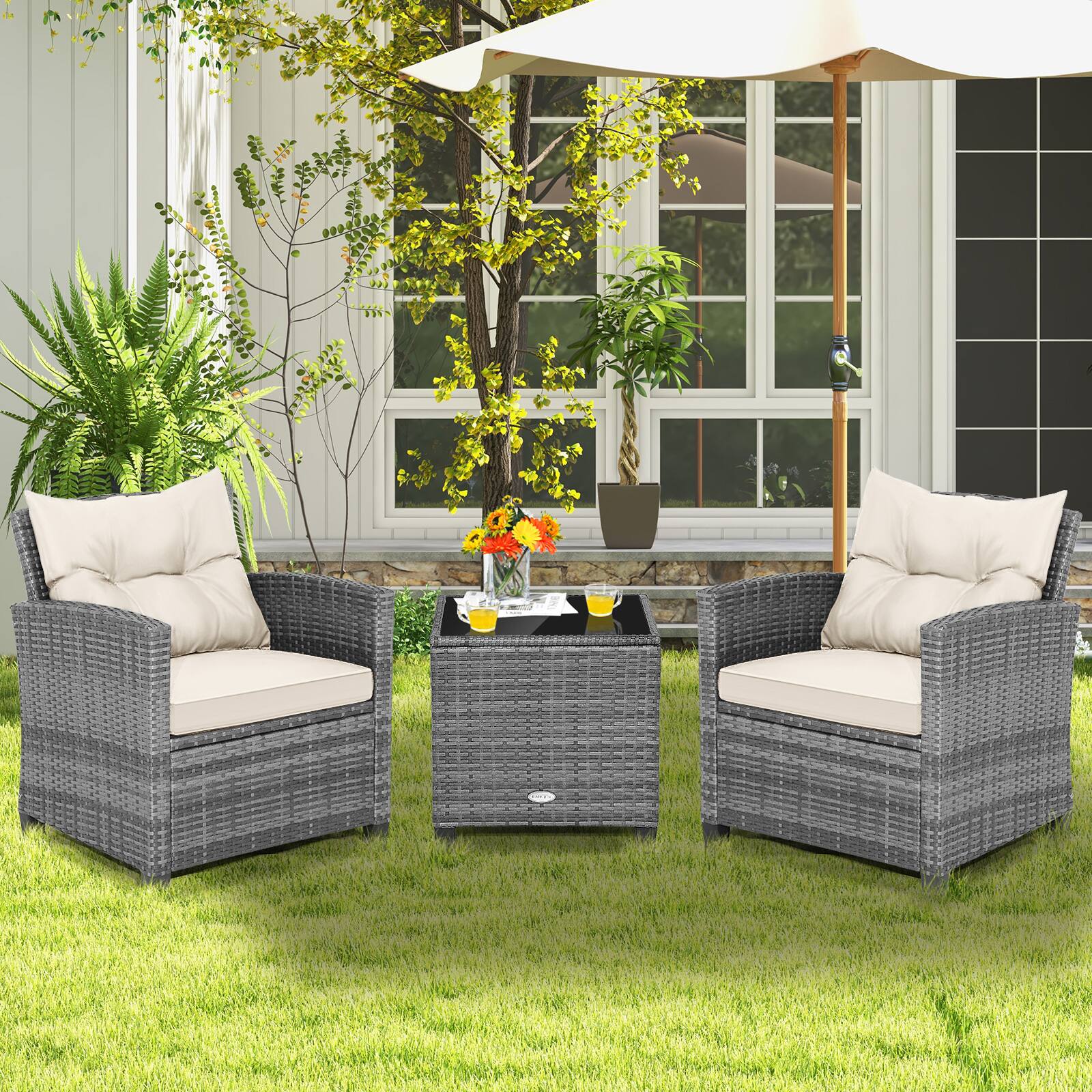 Alt View 8. Gymax - Gymax 3PCS Patio Rattan Furniture Bistro Set Cushioned Sofas Side Table Armrest - Beige.