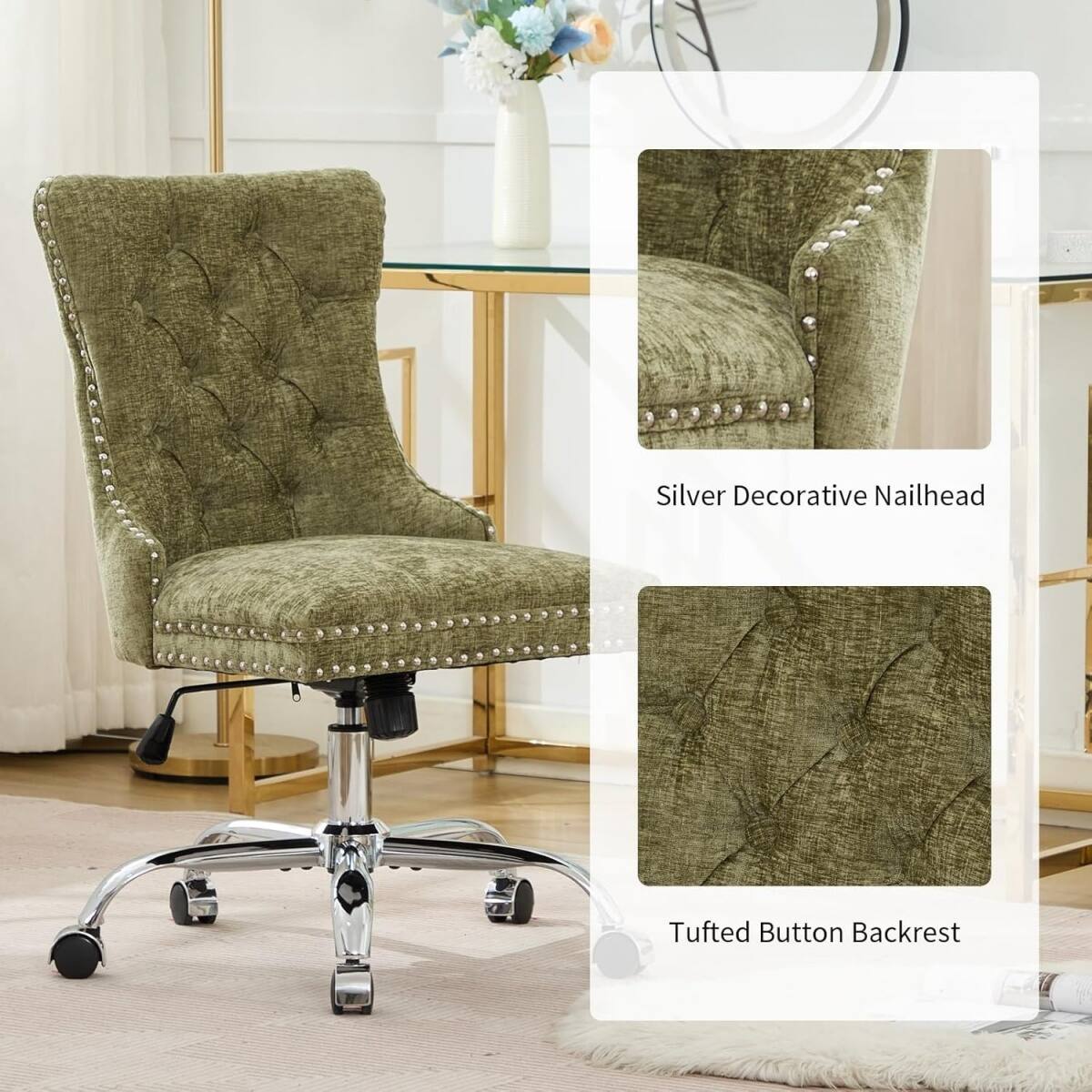 Silver Decorative Nailhead  
Tufted Button Backrest