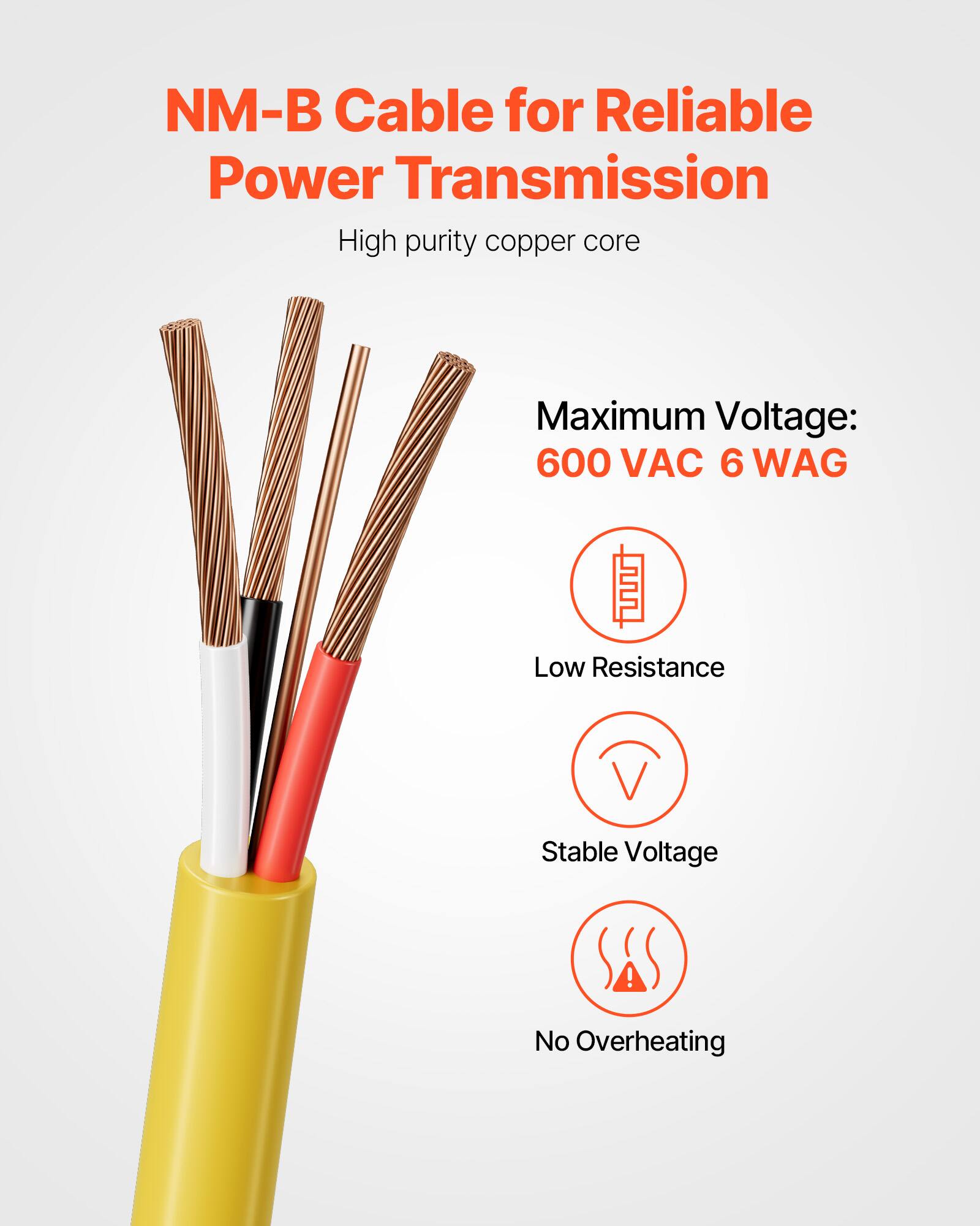 NM-B Cable for Reliable Power Transmission  
High purity copper core  
Maximum Voltage: 600 VAC 6 WAG  
Low Resistance  
Stable Voltage  
No Overheating