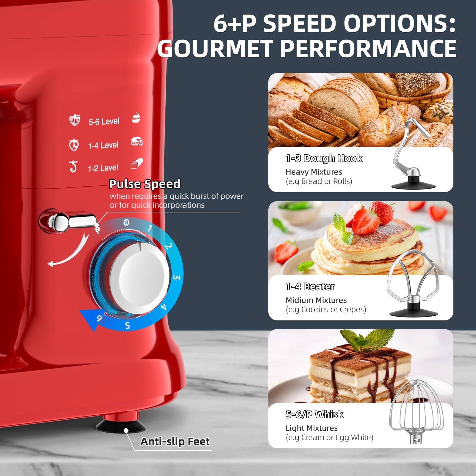6+P SPEED OPTIONS: GOURMET PERFORMANCE

- 5-6 Level
- 1-4 Level
- 1-2 Level
- Pulse Speed (when requires a quick burst of power or for quick incorporations)

1-3 Dough Hook
Heavy Mixtures (e.g. Bread or Rolls)

1-4 Beater
Medium Mixtures (e.g. Cookies or Crepes)

5-6/P Whisk
Light Mixtures (e.g. Cream or Egg White)

Anti-slip Feet