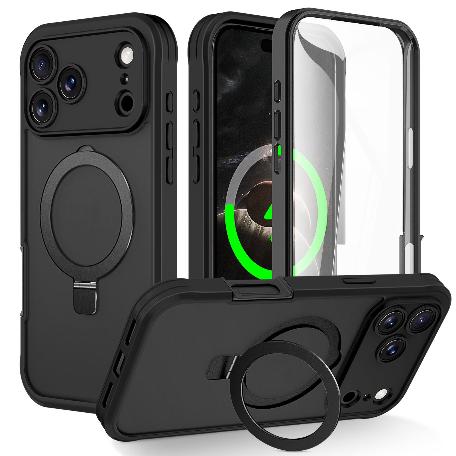 Front. Dteck - Magnetic for Apple iPhone 18 Pro Max Case with Screen Protector, Translucent Matte Back Shockproof Full Body Phone Cover - Black.