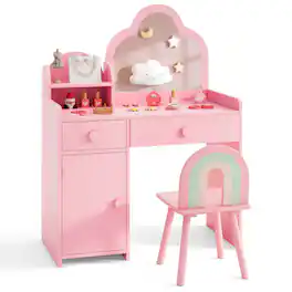 Costway - Kids Vanity Table and Chair Set with Cloud-shaped Mirror Open Shelf Storage Drawers - Pink