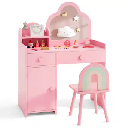 Front. Costway - Costway Kids Vanity Table and Chair Set with Cloud-shaped Mirror Open Shelf Storage Drawers - Pink.