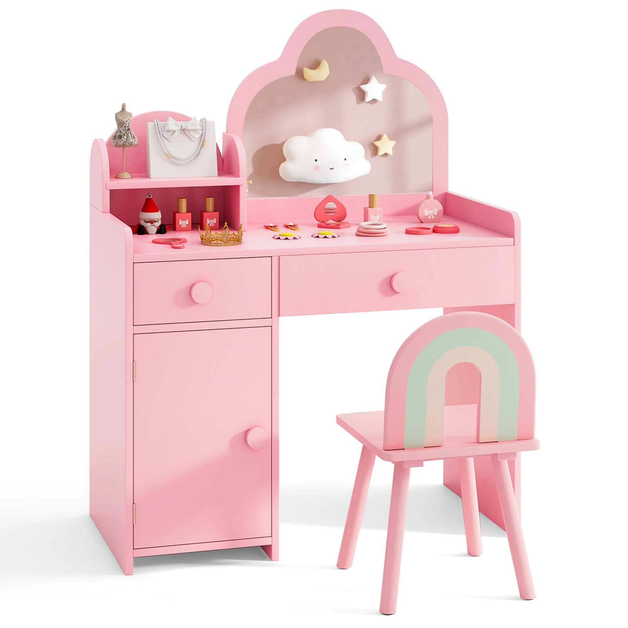 Front. Costway - Costway Kids Vanity Table and Chair Set with Cloud-shaped Mirror Open Shelf Storage Drawers - Pink.