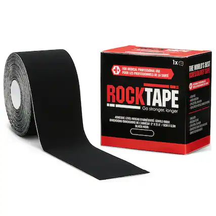 RCMA 1x BEST + FOR MEDICAL PROFESSIONAL THE WORLD'S TAPE POUR USE LES PROFESSIONNELS KINESIOLOGY DE LA SANTÉ
ROCKTAPE
122% 3 5% COTN
Go stronger, longer
ADHESIVE LEVEL/NIVEAU SUEUEY
AB DIMENSIONS/DIMENSIONS D'ADHÉSIVITÉ: GENTLE/DOUX
RESSRNT 5 DE L'ADHÉSIF:
R X 21.5 I 5CM X 5 AOR
BLACK/NOIR: 6.5M
8T BATDE IOUEENS CET