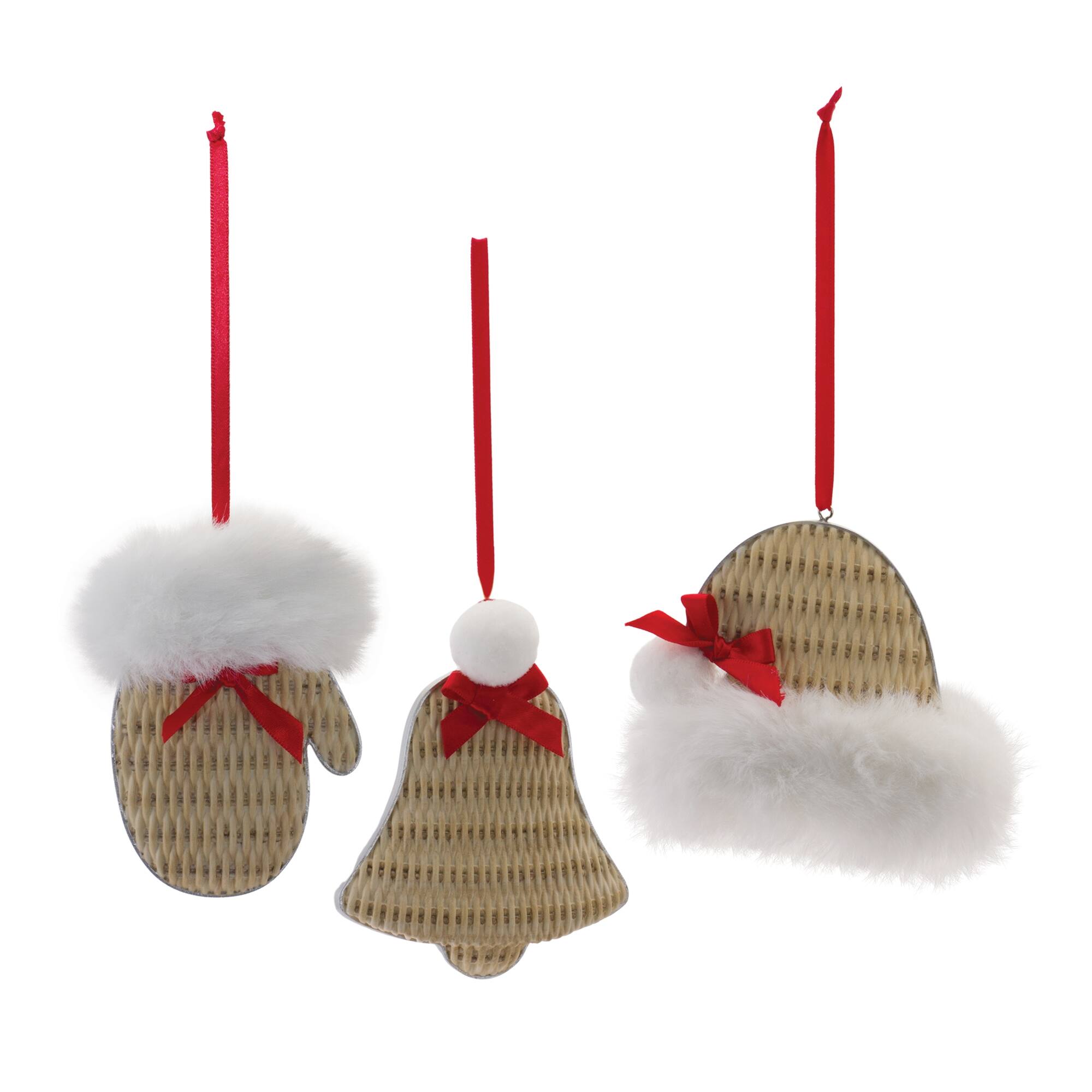 Angle. BreeBe - Cozy Mitten Hat and Bell Ornament (Set of 12) - White,Brown,Red.