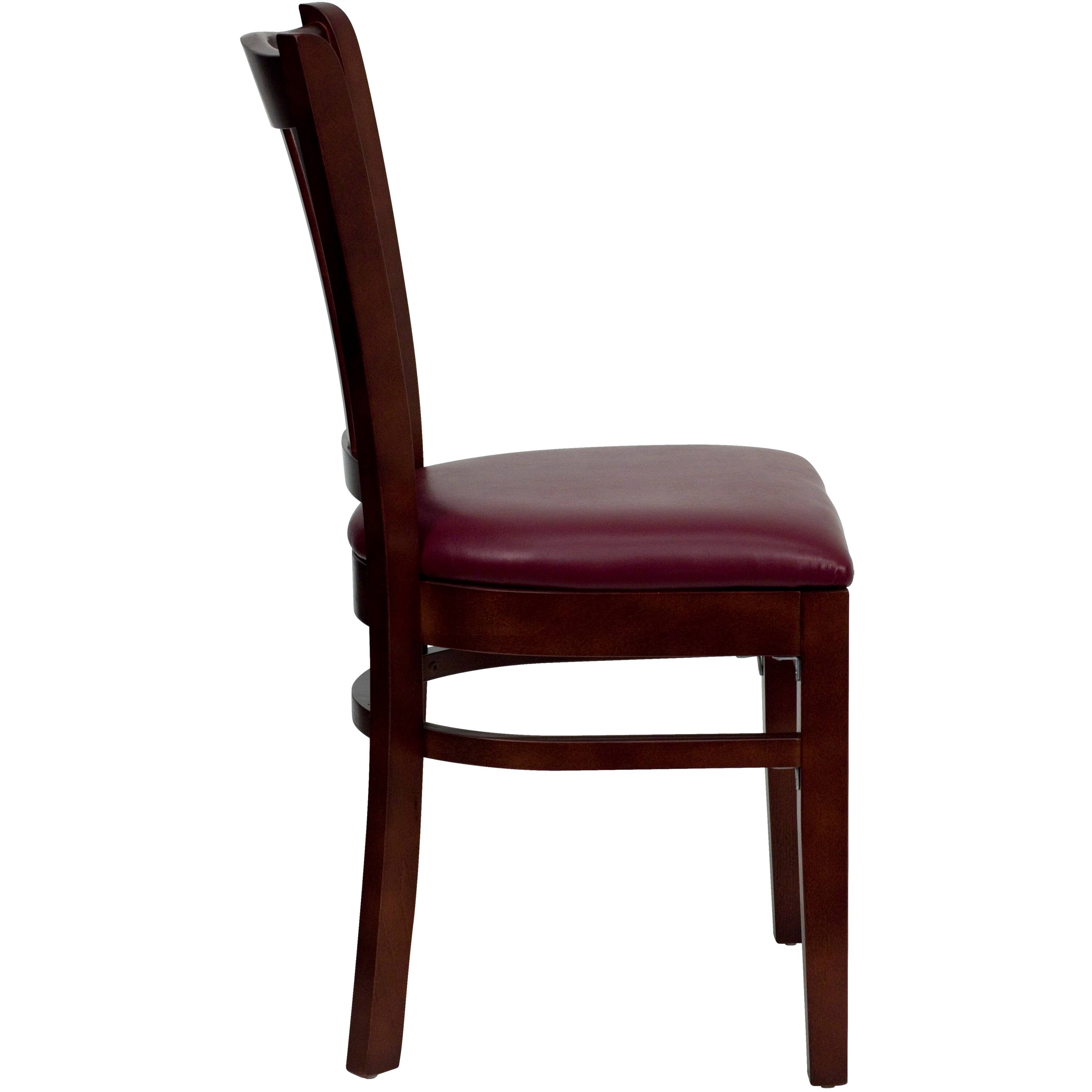 Alt View 4. Emma + Oliver - Vertical Slat Back Wooden Restaurant Dining Chair - Burgundy Vinyl Seat/Mahogany Wood Frame.