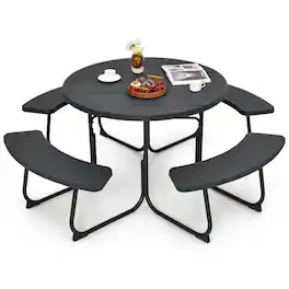 Hivvago - Black Outdoor Metal and HDPE Picnic Table Bench Set with Umbrella Hole - Seats 8 - Gray