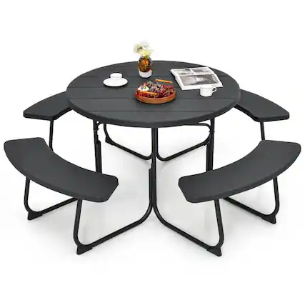 Front. Hivvago - Black Outdoor Metal and HDPE Picnic Table Bench Set with Umbrella Hole - Seats 8 - grey.