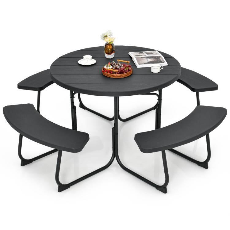 Front. Hivvago - Black Outdoor Metal and HDPE Picnic Table Bench Set with Umbrella Hole - Seats 8 - grey.