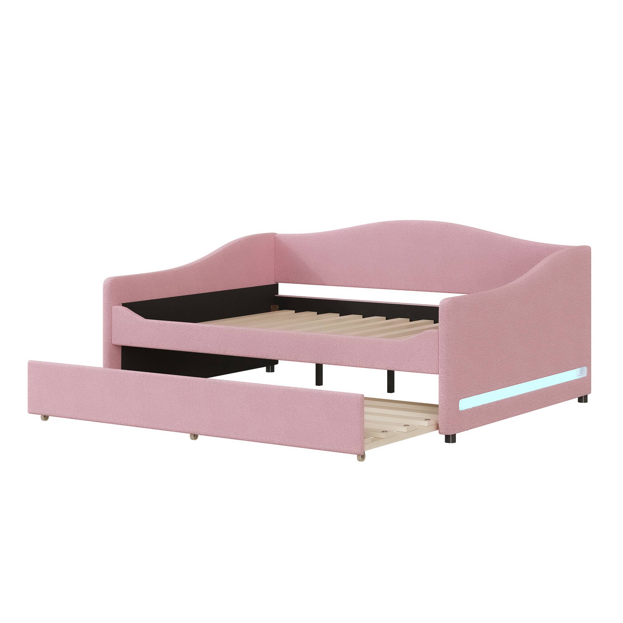 Alt View 4. Tiramisubest - Teddy Fleece Full Size Upholstered Daybed with Light and Trundle, Pink - Pink.