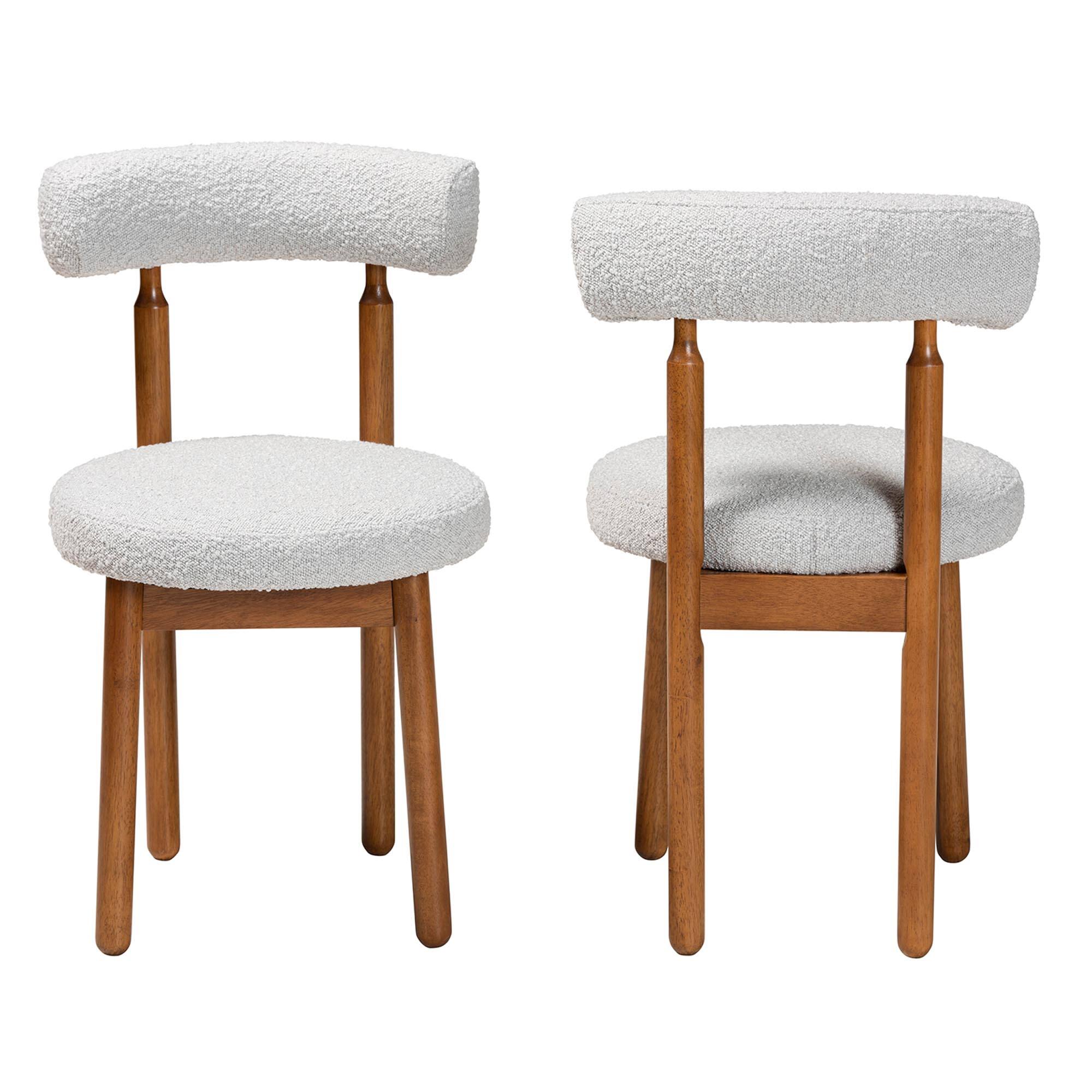 Angle. Baxton Studio - Edric Modern Japandi Boucle Fabric and Finished Wood 2-Piece Dining Chair Set - Light Grey/Walnut Brown.