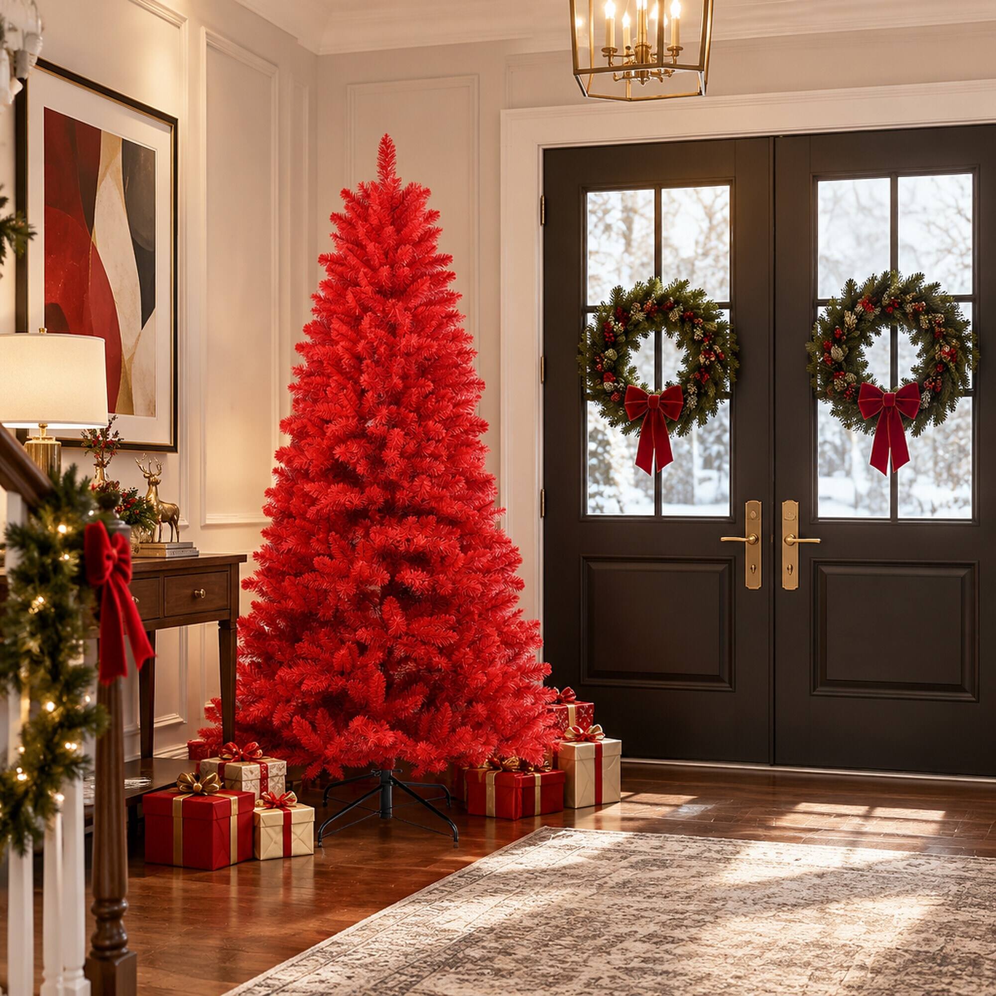 Alt View 2. RYHNUYNE - 5FT Pure Red PVC Christmas Tree, 624 Branch Tips Hinged Branches Stable Metal Stand Bold Holiday Decoration - Red.