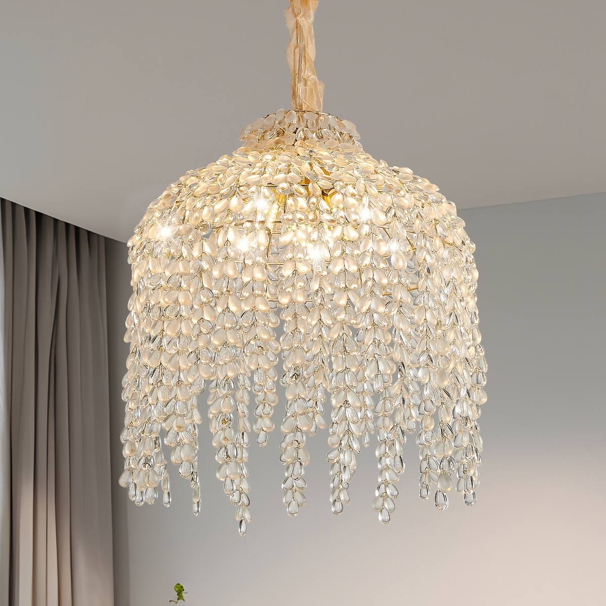 Front. Loheer - Loheer 5-Light Crystal Pendant Chandelier, Gold Waterfall Design, 16-Inch Ceiling Fixture.