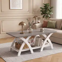 WELLFOR - 40" Farmhouse Wooden Coffee Table with Storage Shelf & X-shaped Legs, Center Table for Living Room - Gray