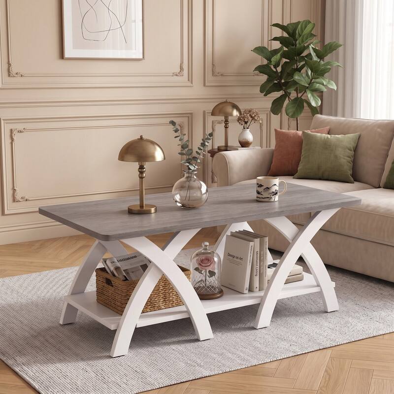 WELLFOR - 40" Farmhouse Wooden Coffee Table with Storage Shelf & X-shaped Legs, Center Table for Living Room - Gray