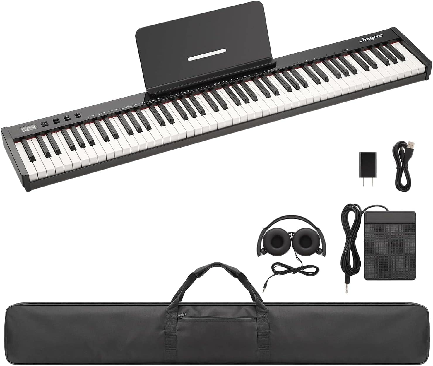 GARVEE - 88-Key Semi-Weighted Keyboard, Portable Digital Piano with Headphones & Sustain Pedal, Great for Beginners - Black