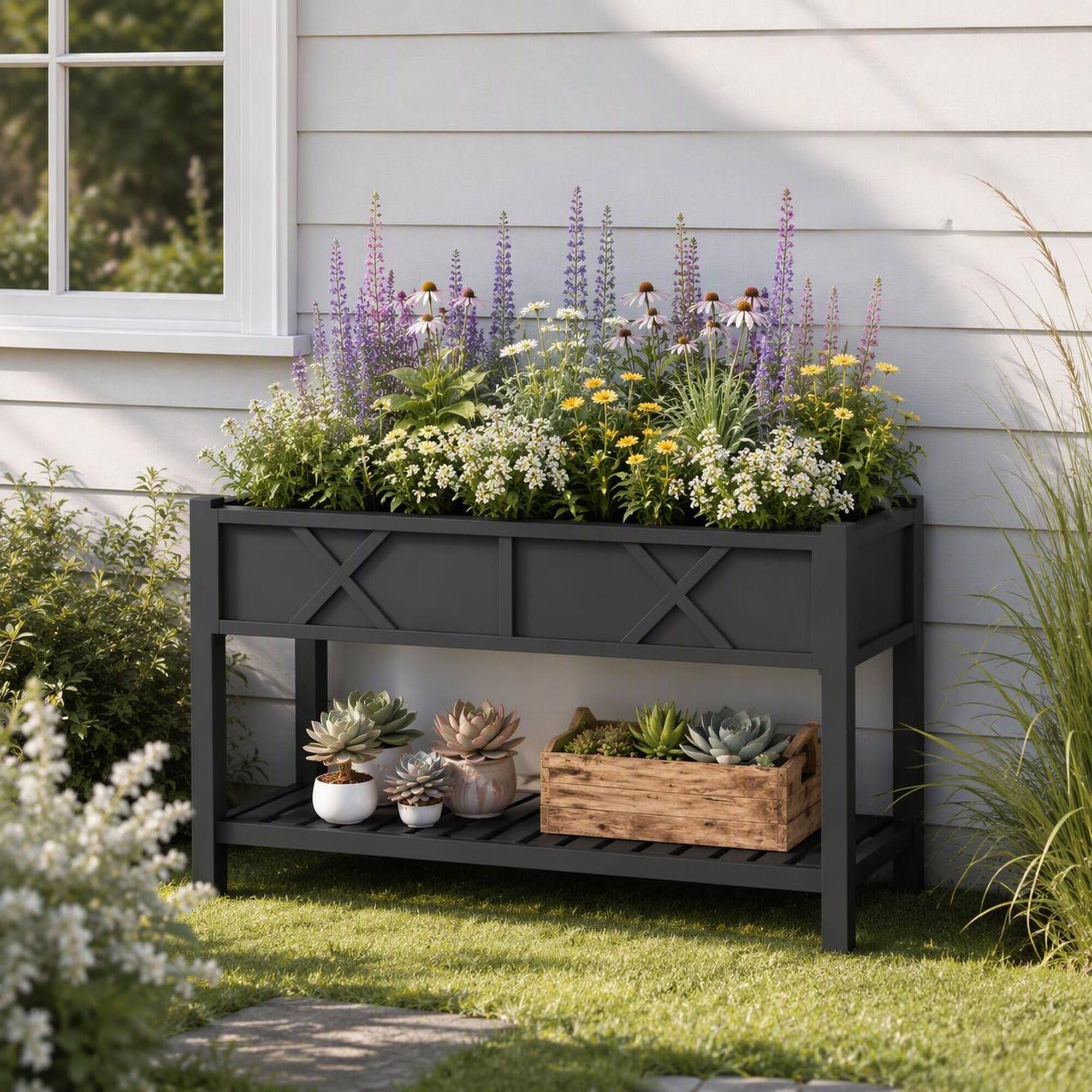 Angle. RYHNUYNE - Raised Wooden Planter Box with Storage Shelf, Fir Wood Garden Bed with Drainage Holes and Liner, Black - Black.