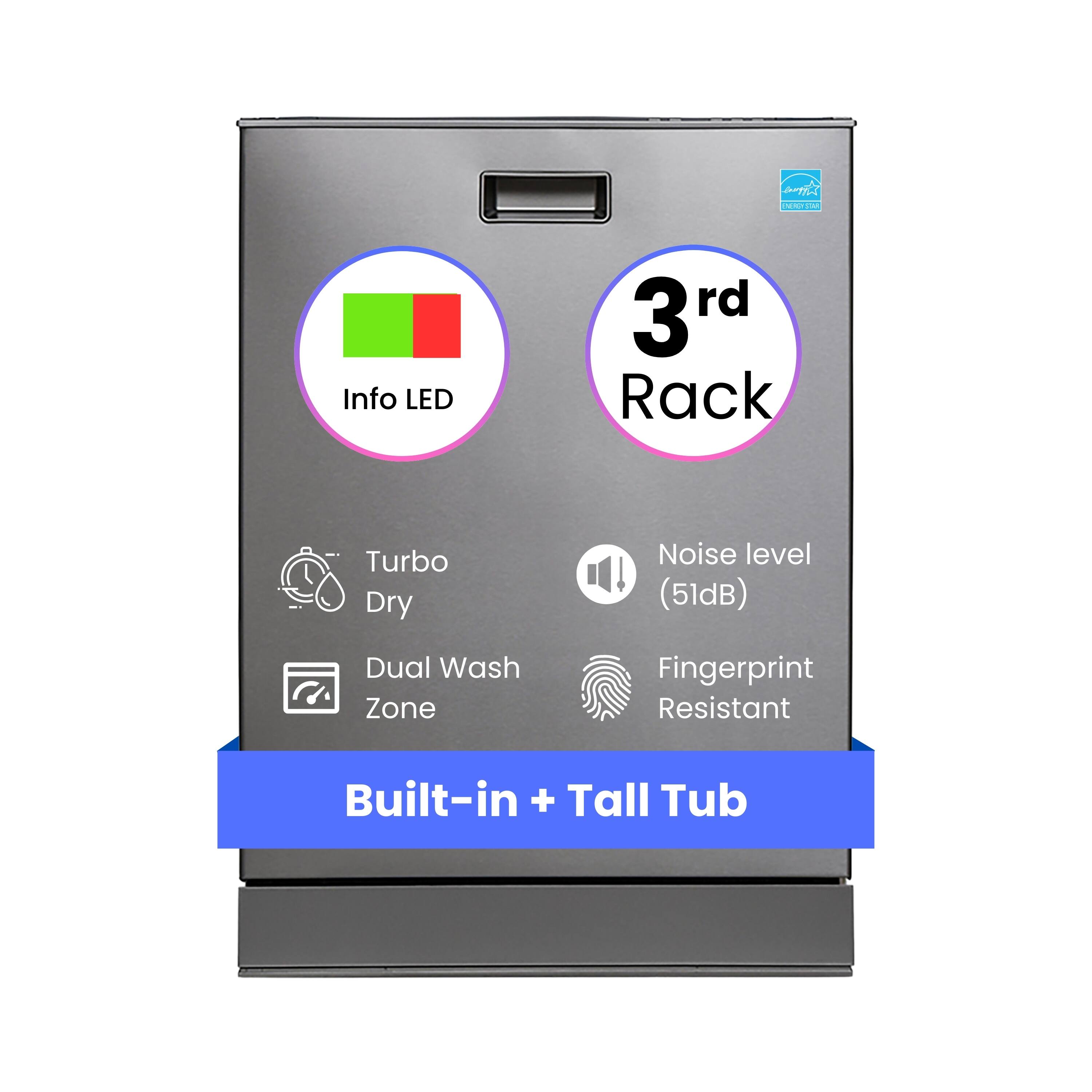 - Info LED
- 3rd Rack
- Turbo Dry
- Dual Wash Zone
- Noise level (51dB)
- Fingerprint Resistant
- Built-in + Tall Tub