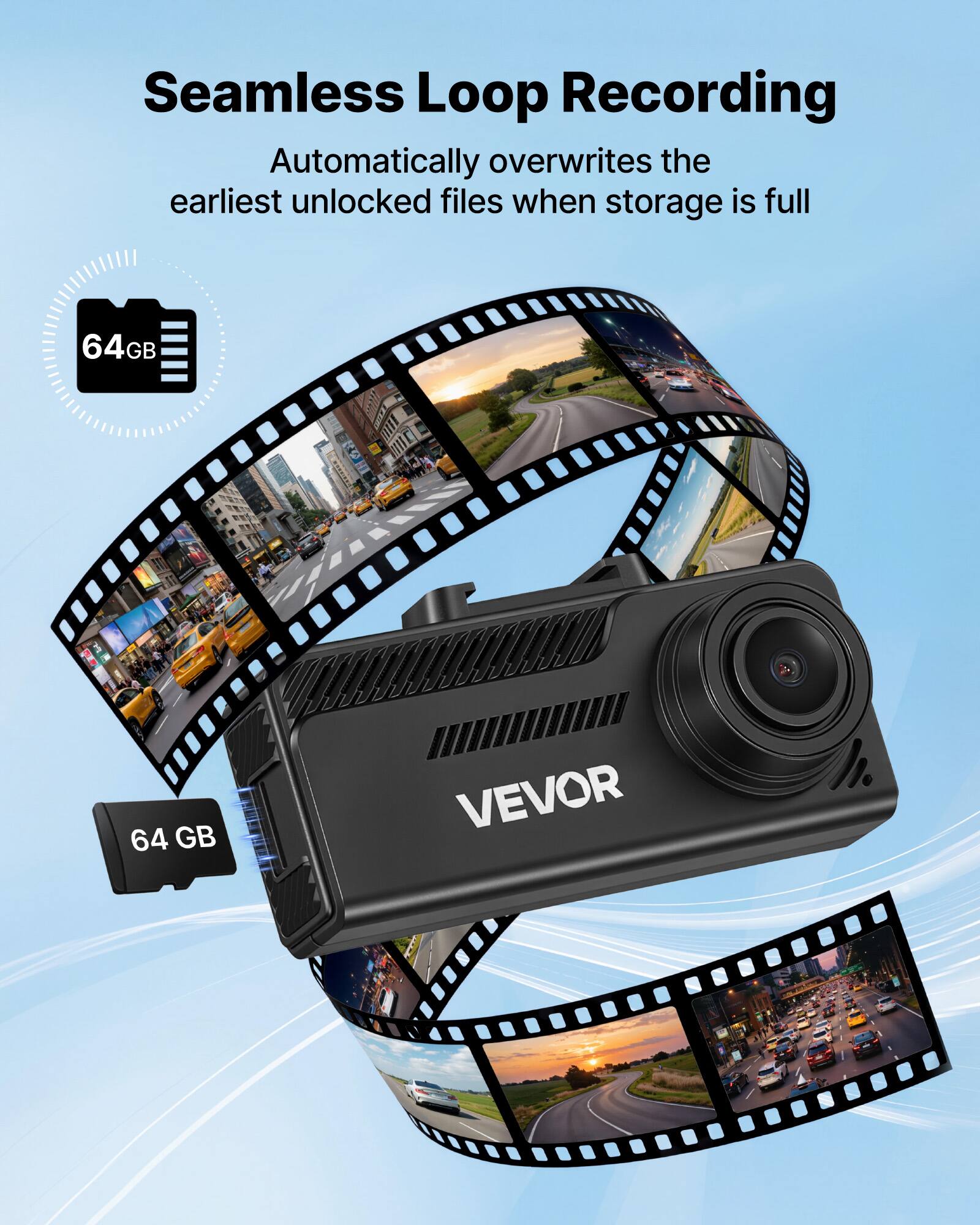 Seamless Loop Recording  
Automatically overwrites the earliest unlocked files when storage is full  
64 GB  
VEVOR