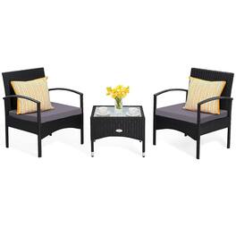 Costway - 3 PCS Patio Wicker Rattan Furniture Set Coffee Table & 2 Rattan Chair W/Cushion - Gray