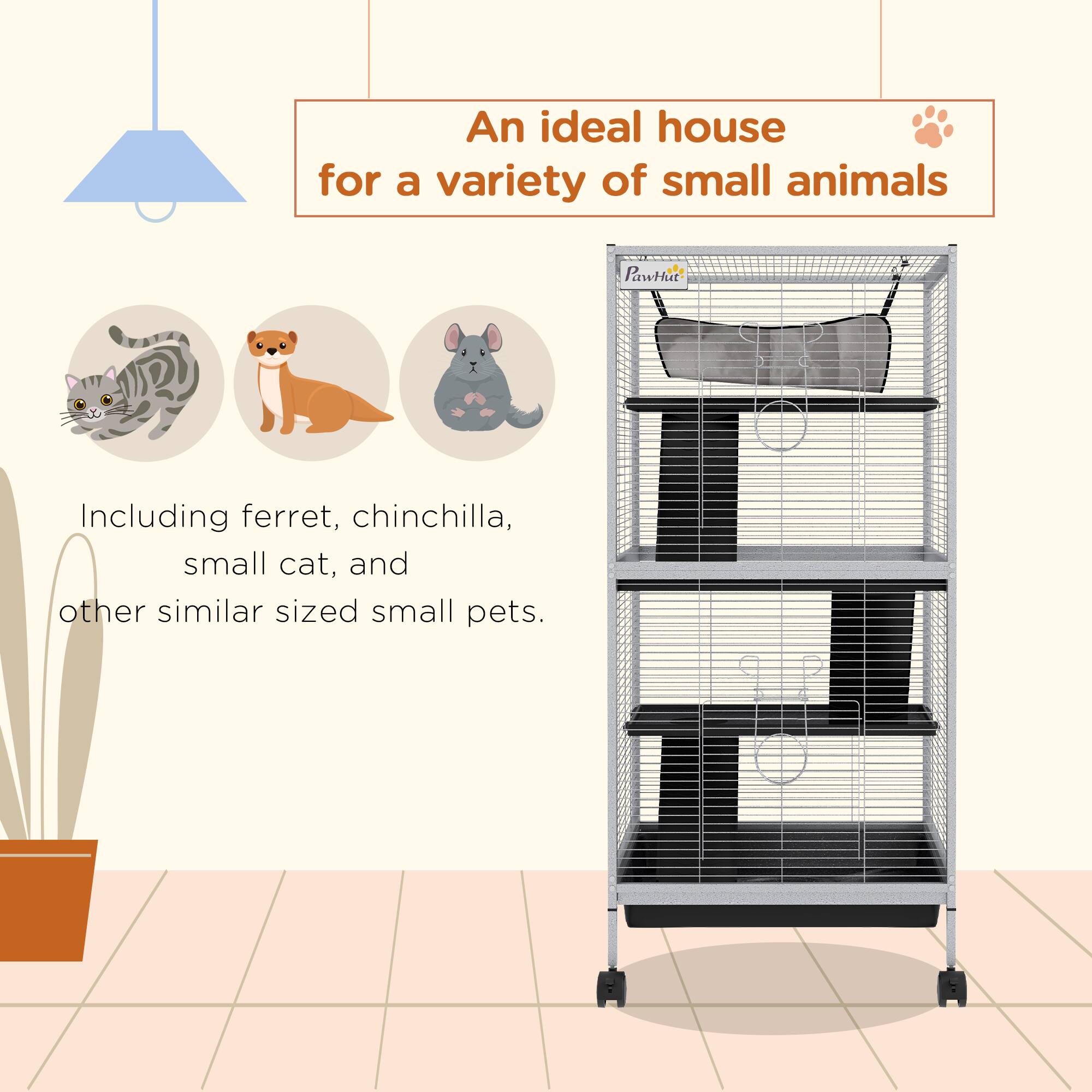 An ideal house for a variety of small animals

Including ferret, chinchilla, small cat, and other similar sized small pets.